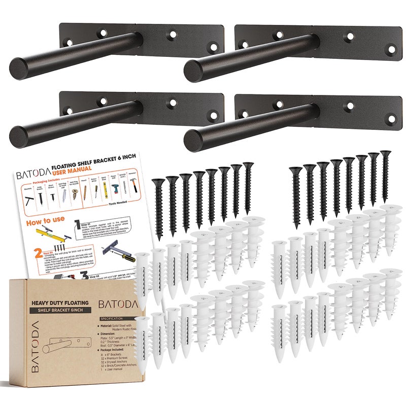 BATODA - 6" Floating Shelf Bracket Heavy Duty (8 pcs)-Solid Steel Blind Shelf Supports - Hidden Brackets for Floating Wood Shelves - Blind Shelf Support - Shelving Mounting Hardware Included (Pack 8) - Image 1